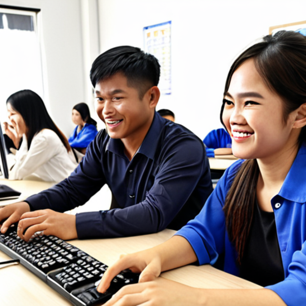**Image Prompt:** "Vietnamese workers learning digital skills in a modern classroom, computers, smiling, collaborative environment, instructor, career advancement,