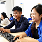**Image Prompt:** "Vietnamese workers learning digital skills in a modern classroom, computers, smiling, collaborative environment, instructor, career advancement,