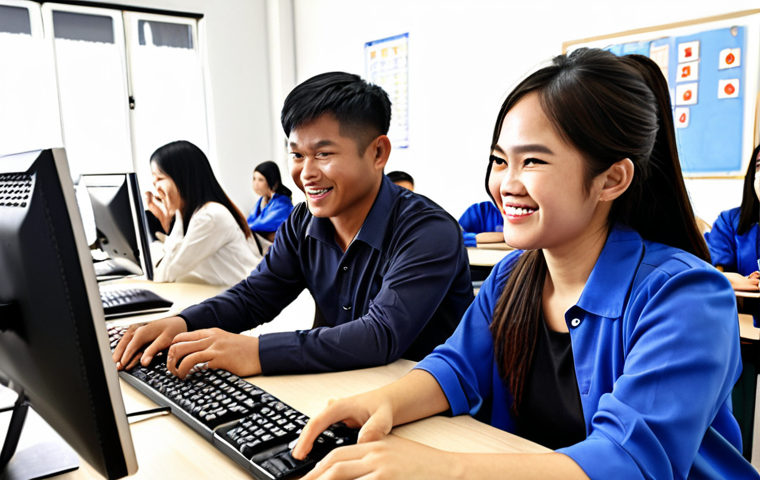 **Image Prompt:** "Vietnamese workers learning digital skills in a modern classroom, computers, smiling, collaborative environment, instructor, career advancement,