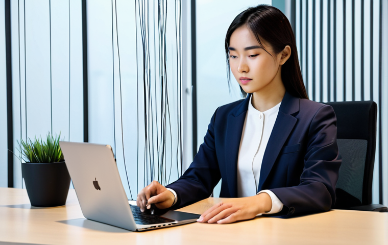 A professional young Vietnamese woman in a modest business blazer and smart trousers, seated at a sleek, minimalist desk. She is looking at a secure tablet device, with subtle, abstract digital data streams and glowing lock icons emanating from it, symbolizing data protection and cybersecurity. The background is a modern, clean co-working space with soft natural light. The overall mood is secure and forward-looking. fully clothed, modest clothing, appropriate attire, professional dress, safe for work, appropriate content, professional, perfect anatomy, correct proportions, natural pose, well-formed hands, proper finger count, natural body proportions.