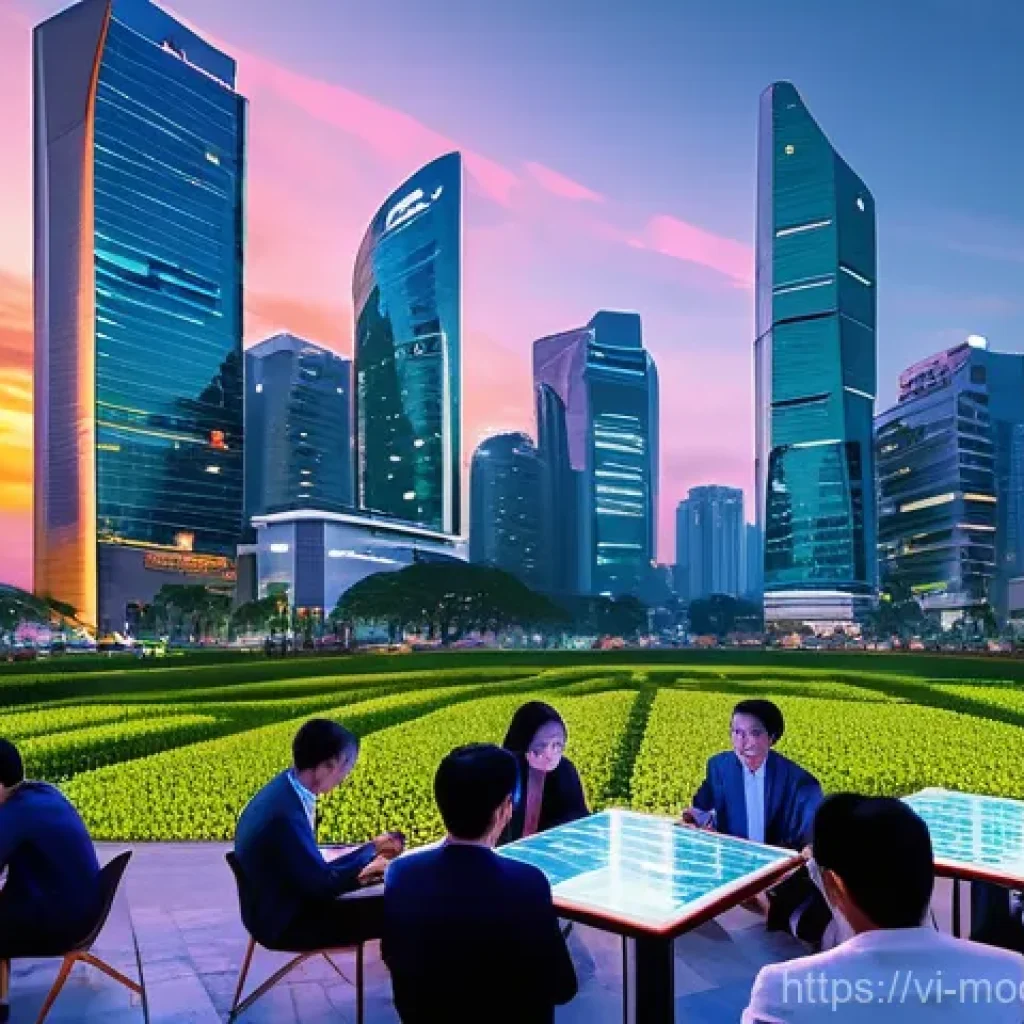 인간 기술 공존과 사회적 불평등 문제 - **Prompt:** A dynamic and futuristic depiction of Ho Chi Minh City at dusk, showcasing the rapid dig...