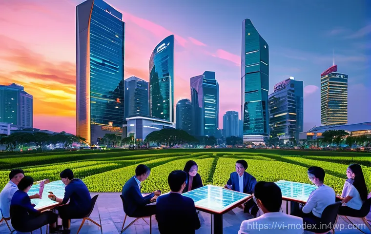 인간 기술 공존과 사회적 불평등 문제 - **Prompt:** A dynamic and futuristic depiction of Ho Chi Minh City at dusk, showcasing the rapid dig...