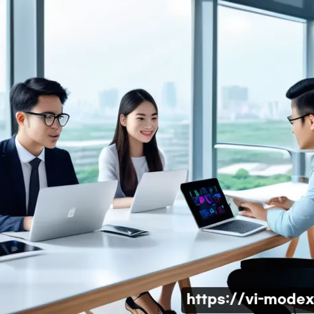 인간 기술 공존을 위한 혁신적 접근 - A modern Vietnamese office environment showcasing seamless human-technology interaction: a diverse g...