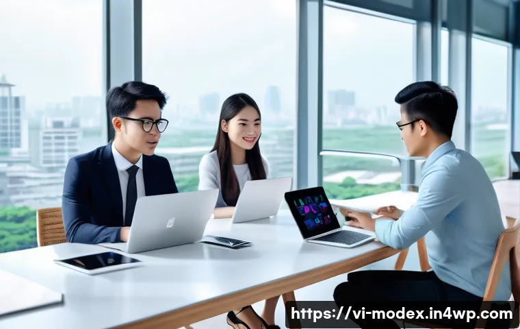 인간 기술 공존을 위한 혁신적 접근 - A modern Vietnamese office environment showcasing seamless human-technology interaction: a diverse g...