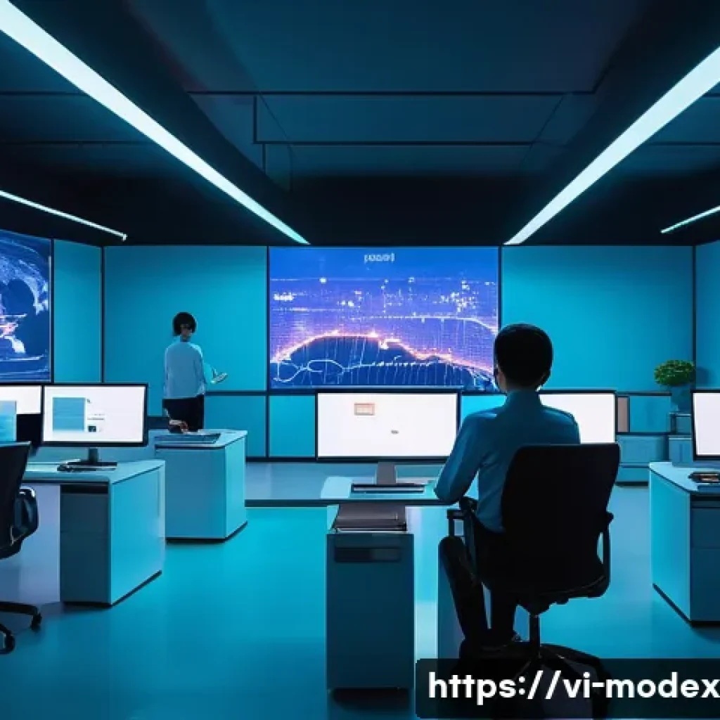 AI와 데이터 프라이버시 윤리적 쟁점 - A modern Vietnamese office environment featuring diverse professionals working on computers and smar...