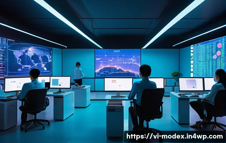 AI와 데이터 프라이버시 윤리적 쟁점 - A modern Vietnamese office environment featuring diverse professionals working on computers and smar...