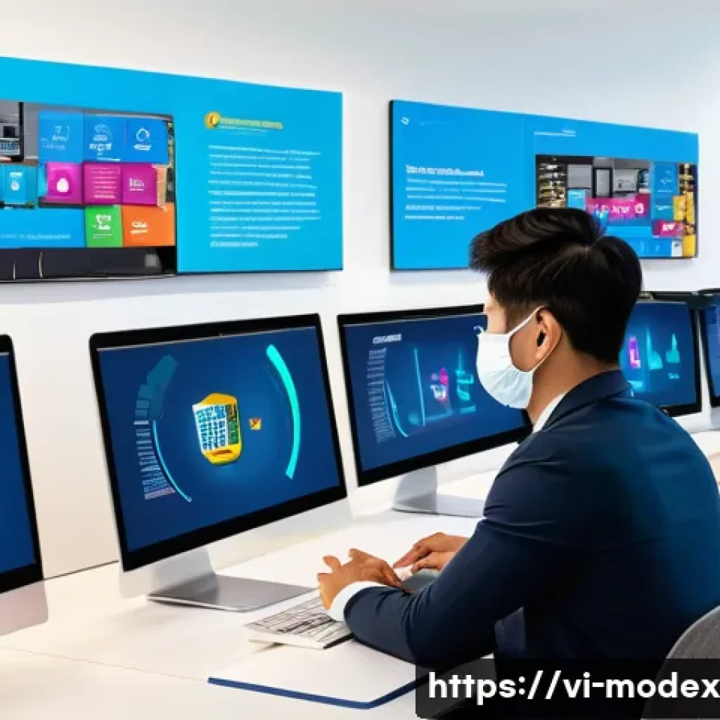 기술과 인간의 상생을 위한 정책 개발 - A modern Vietnamese office environment showing diverse workers engaging in digital skills training, ...