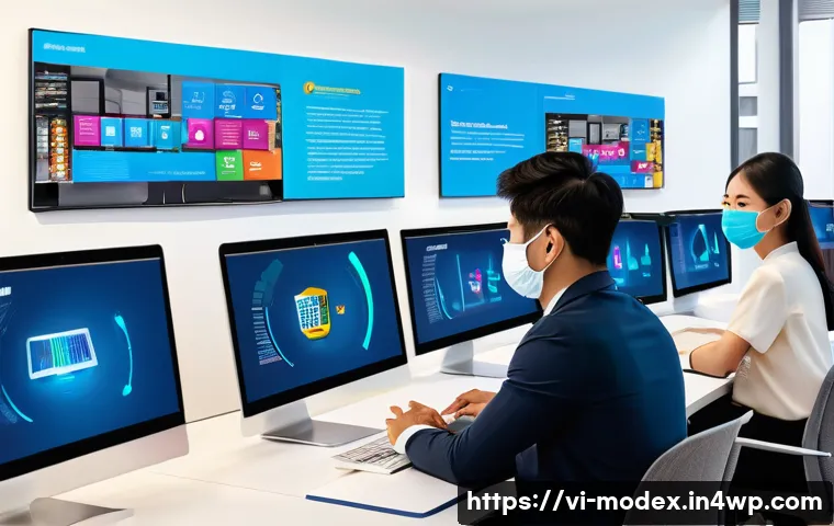 기술과 인간의 상생을 위한 정책 개발 - A modern Vietnamese office environment showing diverse workers engaging in digital skills training, ...