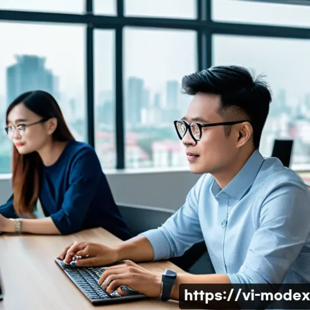 기술 공존의 윤리적 이론 현대적 적용 - A diverse group of Vietnamese professionals collaborating in a modern tech office filled with comput...