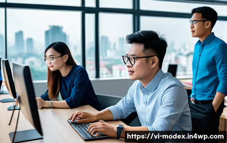 기술 공존의 윤리적 이론 현대적 적용 - A diverse group of Vietnamese professionals collaborating in a modern tech office filled with comput...
