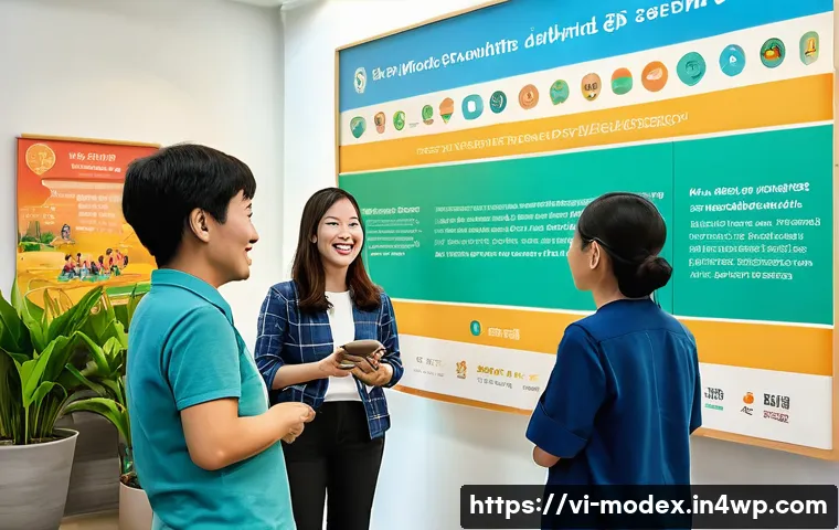기술과 인간의 상생을 위한 커뮤니티 구축 - A vibrant Vietnamese community center scene where diverse people of various ages, including elderly ...