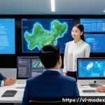 Home 21 AI의 윤리적 문제 해결하기 - A modern Vietnamese tech office scene showing diverse professionals collaborating on AI ethics and t...