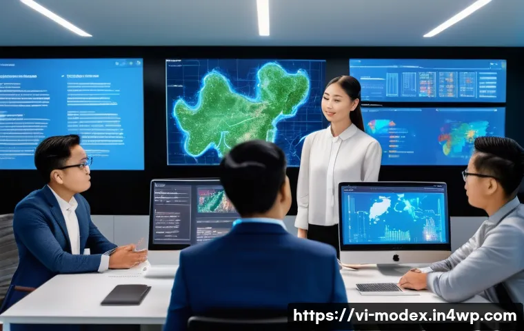 AI의 윤리적 문제 해결하기 - A modern Vietnamese tech office scene showing diverse professionals collaborating on AI ethics and t...
