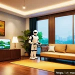Home 20 인간과 로봇의 윤리적 관계 구축하기 - A futuristic Vietnamese family living room scene showing a polite household robot assisting a family...