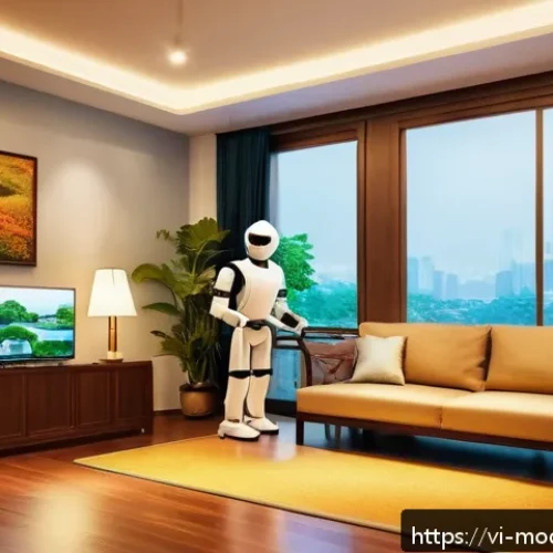 Home 32 인간과 로봇의 윤리적 관계 구축하기 - A futuristic Vietnamese family living room scene showing a polite household robot assisting a family...