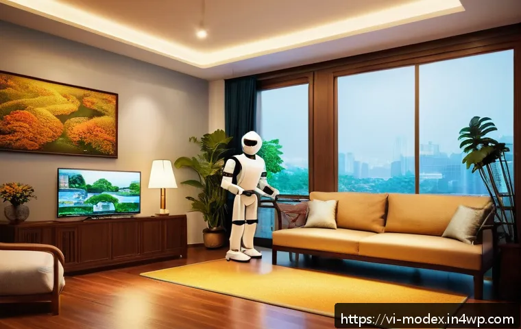 인간과 로봇의 윤리적 관계 구축하기 - A futuristic Vietnamese family living room scene showing a polite household robot assisting a family...