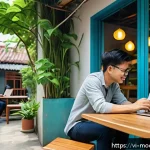 Home 19 인간 기술 공존의 사회적 책임 - A modern Vietnamese urban scene showing diverse people interacting harmoniously with technology: a y...