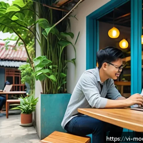 Home 31 인간 기술 공존의 사회적 책임 - A modern Vietnamese urban scene showing diverse people interacting harmoniously with technology: a y...